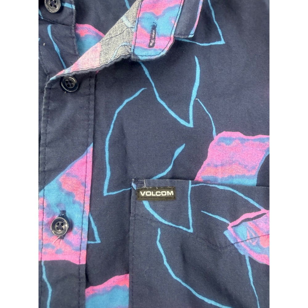 Volcom Mens Modern Fit Short Sleeve Button Down Shirt Navy Pink Floral Medium